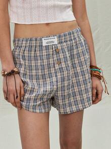 SoleilVie Quần short nữ kẻ caro kiểu retro, thích hợp mặc mùa hè. - màu nâu - Xem 3