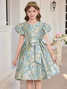 SHEIN Đầm dệt jacquard tay phồng trang trí nơ thanh lịch dành cho bé gái tuổi teen - Màu xanh lam - Xem 13