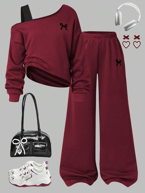 Tween Girls Autumn/Winter Sweatshirt Set, Oblique Shoulder Strap Patchwork Cropped Bow Print Top + Matching Elastic Waist Straight Pants 2 Pieces Casual Outfit