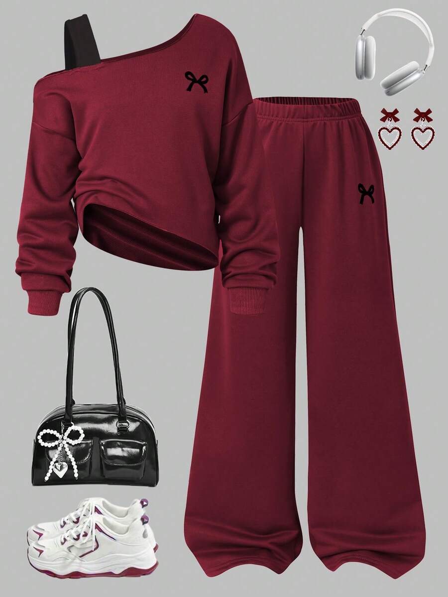 少女秋冬卫衣套装，斜肩带拼接短款蝴蝶结印花上衣 + 同款弹力腰直筒裤，两件套休闲装 - 紅色 - 查看 1