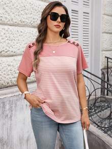 Miaspire Plus Size Women Button Design Striped Patchwork Round Neck Short Sleeve Casual T-Shirt For Summer/ Vacation,Pink Tops, Going Out Tops - Pink - View 5