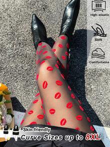 SHEIN CURVE+ Quần legging lưới xuyên thấu in hình môi dành cho nữ cỡ lớn, thích hợp cho buổi hẹn hò ngày Valentine. - màu đen - Xem 1