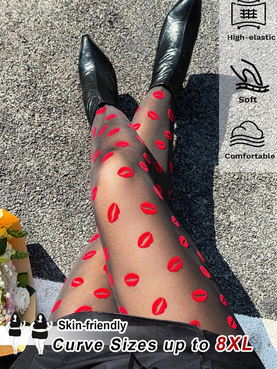 SHEIN CURVE+ Quần legging lưới xuyên thấu in hình môi dành cho nữ cỡ lớn, thích hợp cho buổi hẹn hò ngày Valentine. - màu đen - Xem 1