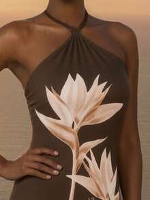 CAJUNI 女士印花露背度假连衣裙 - 棕色 - 查看 5