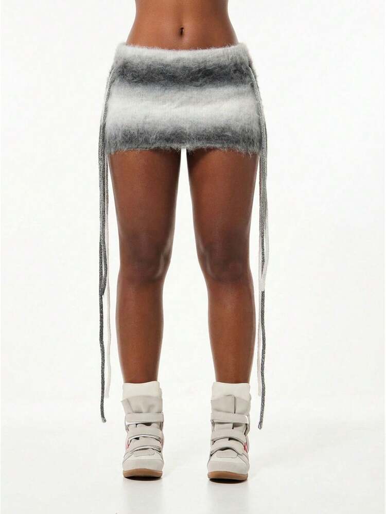 SUMWON Fuzzy Knit Mini Skirt With Tie Dye Gradient Stripes And Side Drawstring Detail For Cozy Winter Style
