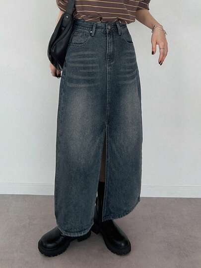 FRIFUL 女士纯色斜插口袋休闲百搭牛仔迷你裙