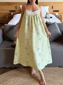 DAZY Áo ngủ hai dây phối họa tiết hoa dành cho nữ - màu xanh lá - Xem 5