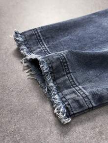 ROMWE MEN Street Life Veste en jean décontractée à manches courtes avec fermeture éclair et bord effiloché de couleur unie pour hommes - Bleu azur - Voir 6