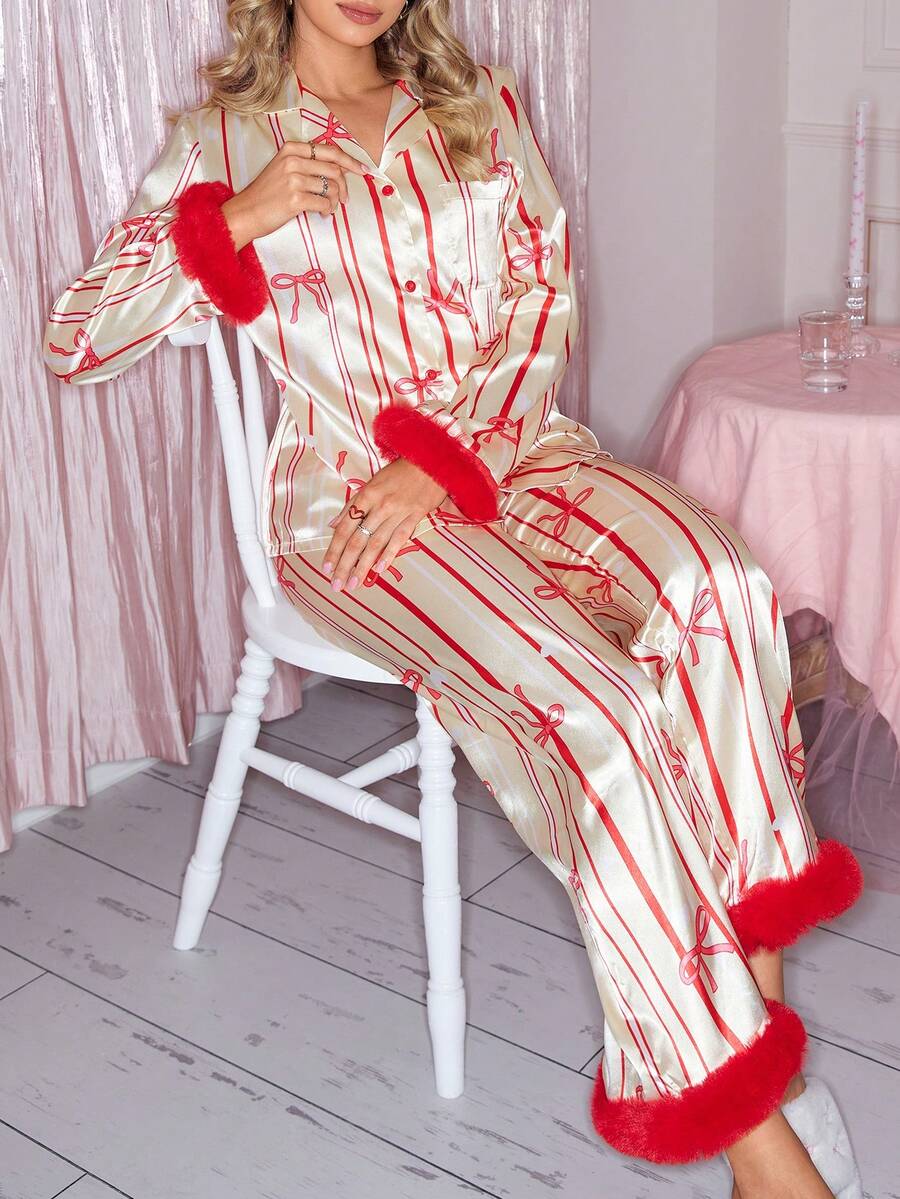 SHEIN 甜美蝴蝶结条纹女士睡衣套装 - 黃色 - 查看 1
