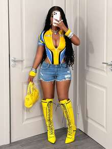 SHEIN BamGlam Women's Letter Print Zip-Up Tight Fitting Bodysuit - Multicolor - View 6