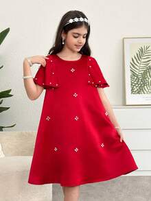 SHEIN Tween Girls' Casual Short Sleeve Round Neck Dress - Red - View 2