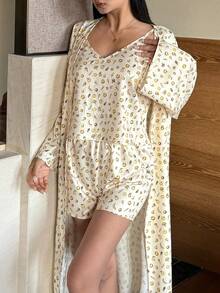 DAZY 3pcs/Set Women Cute Fruit & Floral All-Over Print Robe, Camisole And Shorts Pajama Set - Yellow - View 7