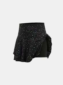 少女休闲运动体操瑜伽闪亮优雅高弹箔印花运动裙 - 黑色 - 查看 5