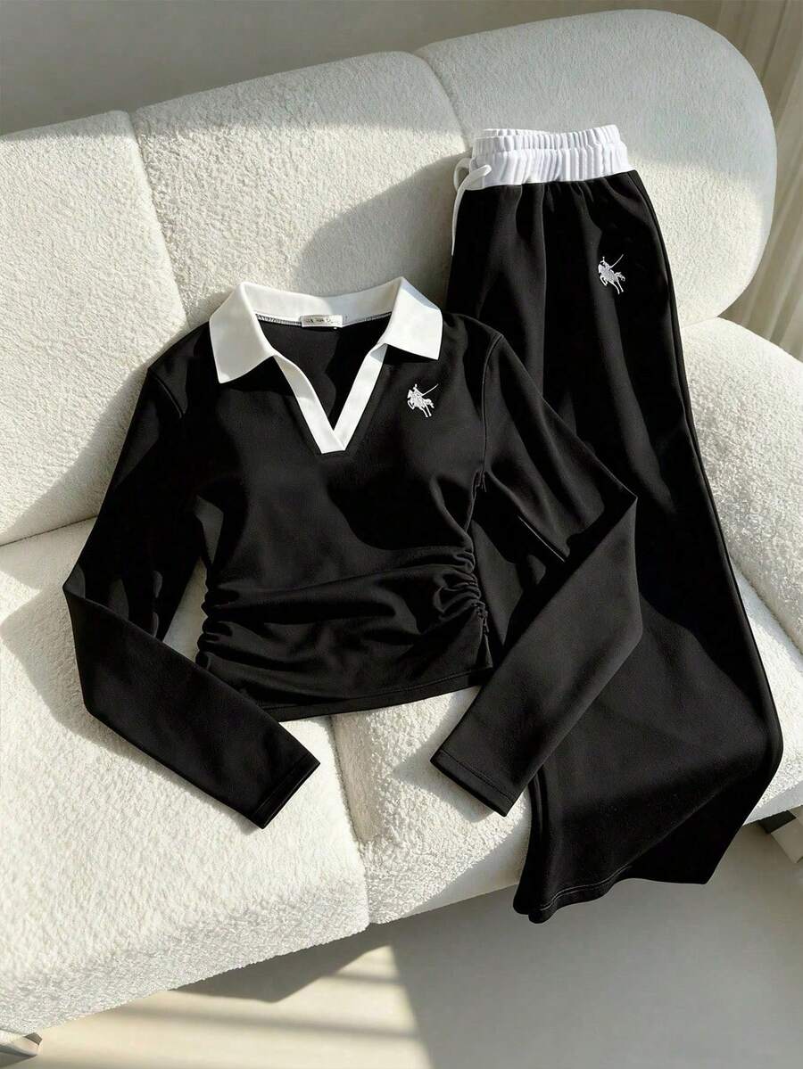 Teen Girl Casual Everyday Work Commute Contrast V-Neck Embroidered Long Sleeve Pleated Slim Fit T-Shirt And Drawstring Waist Wide Leg Pants Set, Spring/Autumn - Black - View 1