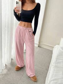 CovetEZ Lightweight Double-Sided Fleece Women's Drawstring Waist Straight Leg Loose Casual Pants, Suitable For Date Nights And Everyday Wear, Spring/Summer Comfy Pants Loose Pants - Baby Pink - View 3