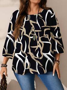 EMERY ROSE Blus Wanita Ukuran Besar Elegan dengan Motif Geometris Abstrak, Kasual, Potongan Longgar, Leher Bulat, Lengan 3/4, Cocok untuk Liburan Musim Semi - MultiWarna - View 1