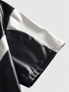 ROMWE MEN Essentials Áo thun da PU nam kiểu dáng thường ngày phối màu tương phản - màu đen - Xem 3