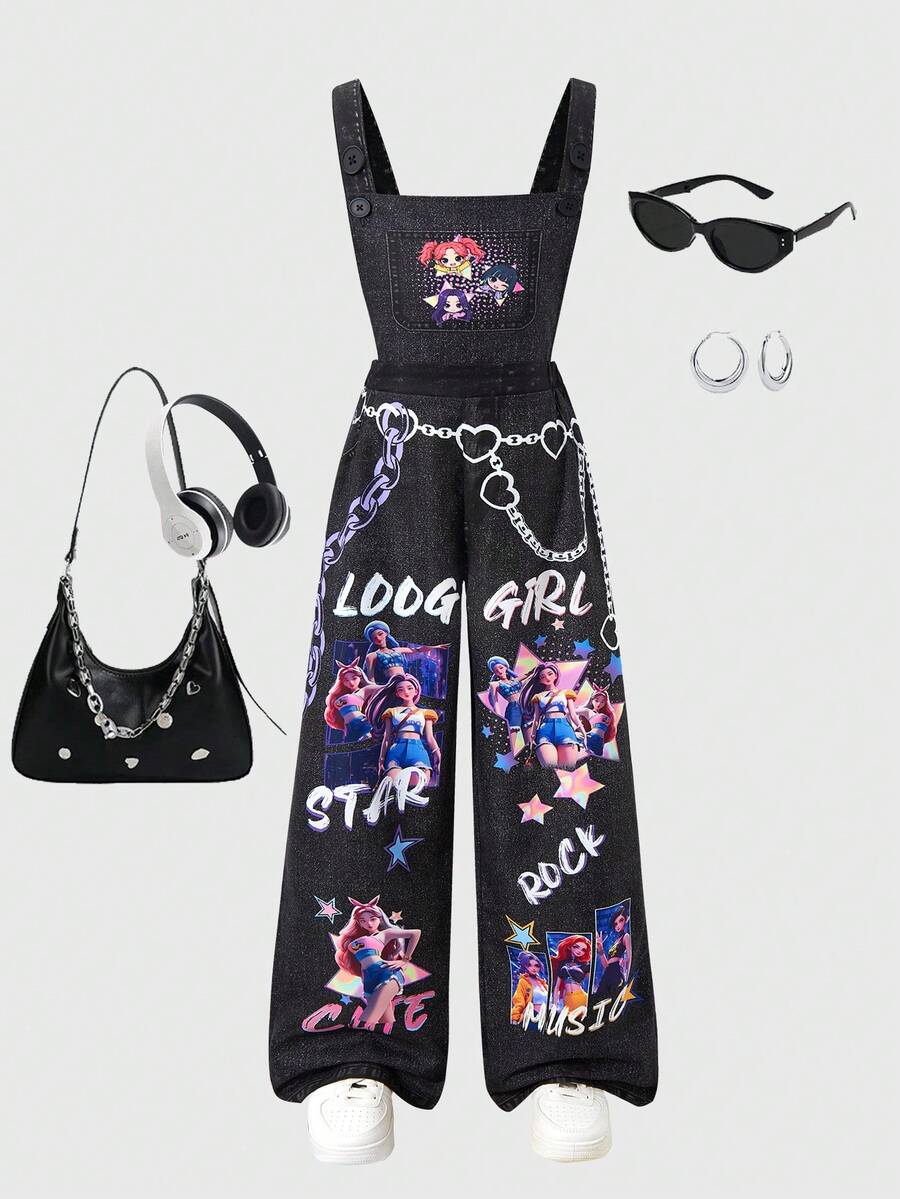 SHEIN 少女针织星形印花背带裤，时尚返校装，个性百搭，适合春、夏、秋季穿着 - 黑色 - 查看 1