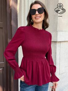 SHEIN Clasi 女士休闲纯色荷叶边下摆衬衫 - 中紫紅色 - 查看 7