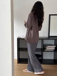 DAZY 2pcs Women Casual Set: Loose Fit Long Sleeve T-Shirt With English Woven Label & Plaid Pants - Grey - View 2