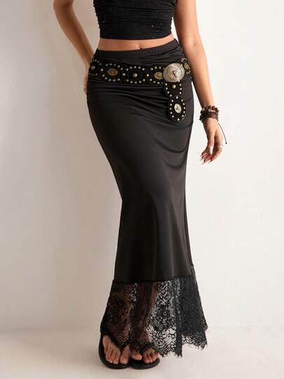 Freevana 波西米亚风黑色高弹蕾丝拼接半身裙，高腰垂褶镂空花卉图案修身包臀裙，复古优雅百搭办公室美人鱼裙