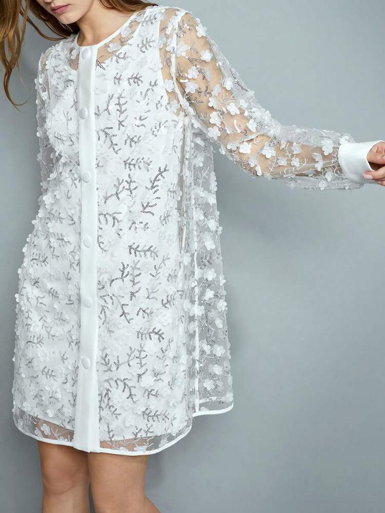 SHEIN Maija Women's Romantic Elegant 3D Floral Sequins Transparent White Holiday Long Sleeve Christmas Mini Dress, Fit For New Year Party, Festival Celebrations Valentines Day,Boho