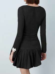 Maija 女士撞色花卉压花白色百搭保暖舒适百搭优雅长袖上衣，适合情人节节日穿着 - 黑色 - 查看 4