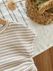 SHEIN Baby Girl Knitted Striped Pleated Crew Neck Top - Apricot - View 3