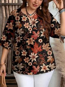 Mellowie Plus Size Plant Print Casual Shirt, Suitable For Summer - Multicolor - View 5