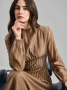 Ontre 2026春夏新款棕色纯色收腰长裙，优雅女装，外套，办公装，女士套装，教师制服，夜店装，冬季服装，女士商务休闲装，复古风，休闲街头风，情人节及狂欢节服装，女士沙滩及派对优雅连衣裙 - 棕色 - 查看 7