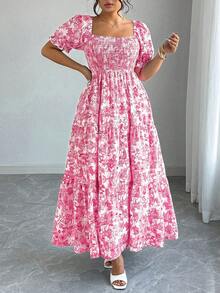 Elenzga Women's Bohemian Pink Random Print Long A Line Plus Size Dress With Square Neck Shirred Short Puff Sleeves And Flared Hem Resort Style - Pink - View 1