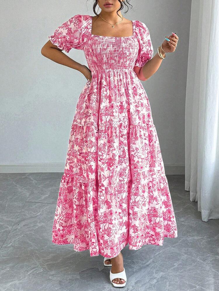 Elenzga Women's Bohemian Pink Random Print Long A Line Plus Size Dress With Square Neck Shirred Short Puff Sleeves And Flared Hem Resort Style - Pink - View 1