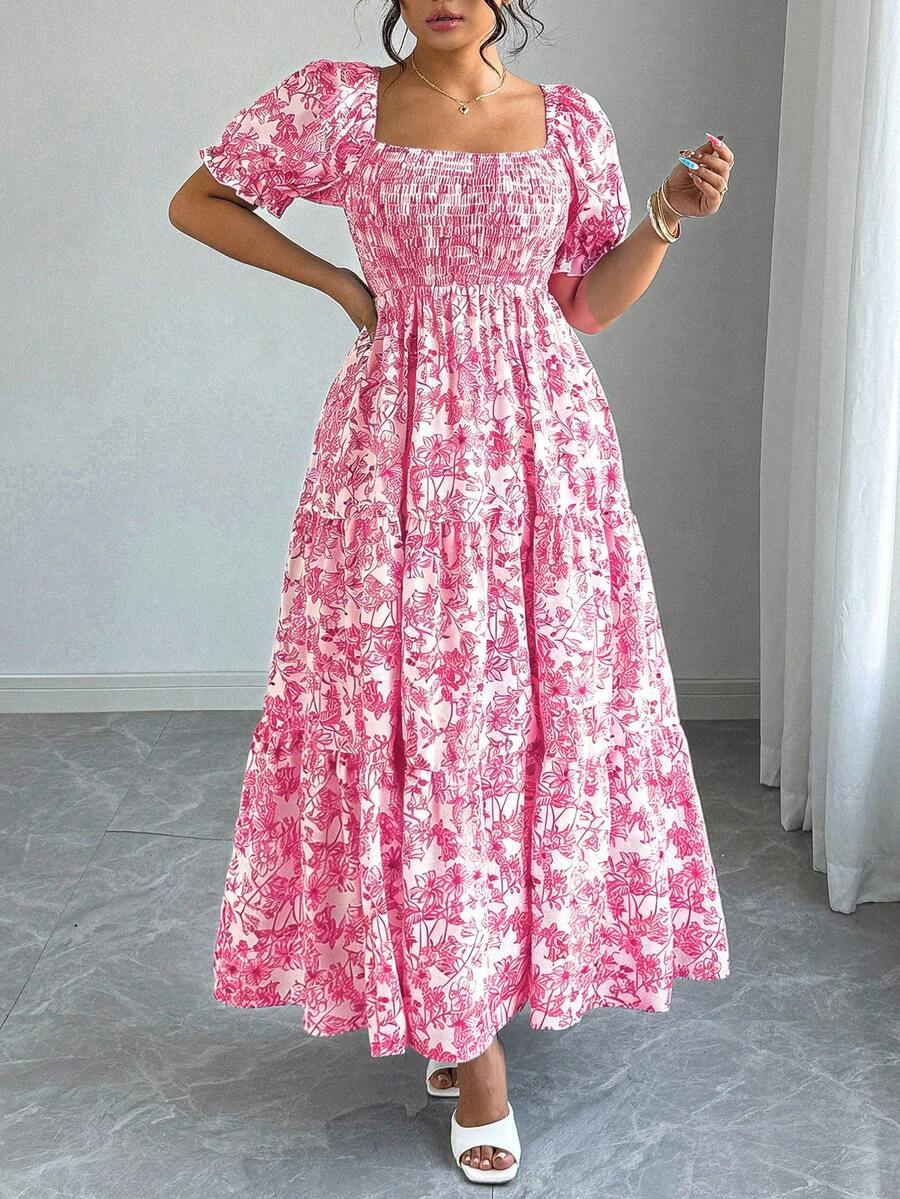 Elenzga Women's Bohemian Pink Random Print Long A Line Plus Size Dress With Square Neck Shirred Short Puff Sleeves And Flared Hem Resort Style - Pink - View 1