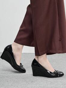 CUCCOO BIZCHIC Black Wedge Heel Slip-On Pumps With Metal Buckle Decor, Elegant And Versatile For Commuting - Black - View 5