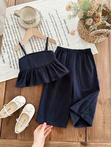 SHEIN 女宝宝休闲可爱度假藏蓝色蝴蝶结吊带背心和松紧腰裤套装 - 藏蓝色 - 查看 6