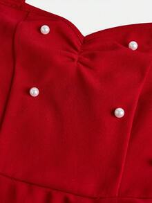 SHEIN Vestido elegante con cuello de halter con cuentas para niñas preadolescentes - Rojo - Ver 11