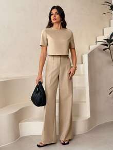 SHEIN Tall Áo croptop trơn và quần ống rộng dành cho nữ. - Màu be - Xem 8