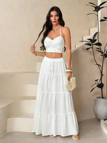 SHEIN Tall 女士休闲假日多层蛋糕裙摆半身裙，适合夏季穿着，白色多层长裙，抽绳半身裙，夏季时尚半身裙 - 白色 - 查看 7