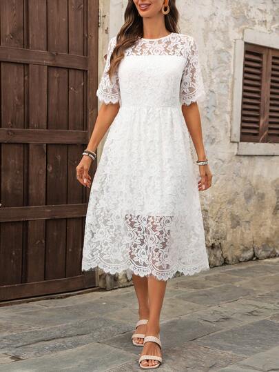 EMERY ROSE Women's Fashionable Lace Short Sleeve Midi Dress, Summer Elegant Dresses For Party Elegant Dresses For Women Vacation Outfits Women Summer Holiday Outfits White Dress Lace Dress Work Dresses For Women Teacher Outfits For Women  Elegant Dresses For Women Lace Midi Dress White Elegant Dress Elegant Midi Dress White Lace Dress Women Vacation Dresses White Dress Teacher Outfits For Women Bridal Shower White Dress White Vintage Dress Elegant White Dress