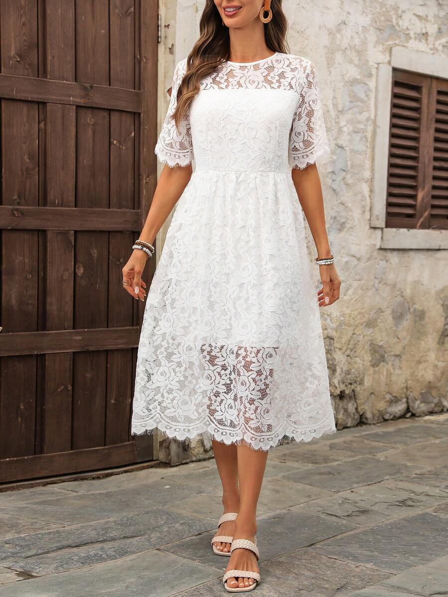 EMERY ROSE 女士时尚蕾丝短袖中长连衣裙，夏季 - 白色 - 查看 1
