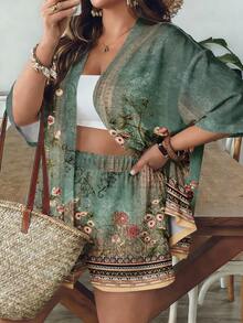 SHEIN VCAY Casual Vintage Leaf Pattern Loose Plus Size 2 Pieces Set, Suitable For Summer - Green - View 4