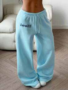 CovetEZ 女士休闲刺绣蓝色抽绳运动裤 - 藍色 - 查看 3