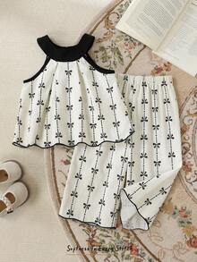 Cozy Pixies 2pcs Baby Girl Bow Decor Camisole And Elastic Waist Pants Set,Cotton Black And White Outfit,Summer Cute Vacation Holiday Resort Wear Clothes - Black and White - View 9
