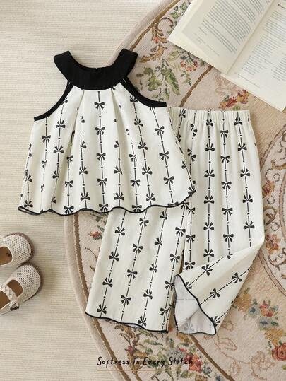 Cozy Pixies 2pcs Baby Girl Contrast Bow Decor Casual Cute Camisole And Elastic Waist Pants Set 2pcs Set Toddler Girls Cross Embroidery Clothing For Baby Girls Two Piece Toddler Set Baby Casual Sets