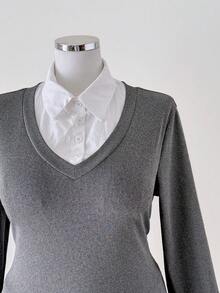 Sunspun 大码休闲撞色拼接修身长袖二合一T恤 - 灰色 - 查看 5