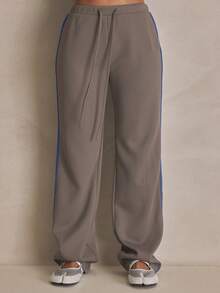 MUSERA Ribbed Straight Leg Pants Tie Waist Summer, Sporty, Casual, Day, Streetstyle, Streetwear - Dark Grey - View 3