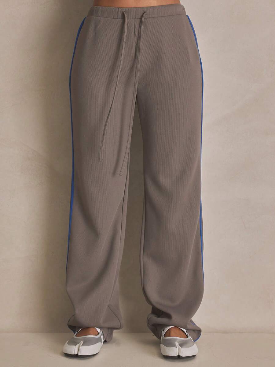 MUSERA Pantalones rectos acanalados con cintura anudada, de verano, deportivos, casuales, para el día, estilo callejero, ropa urbana - Gris Oscuro - Ver 1