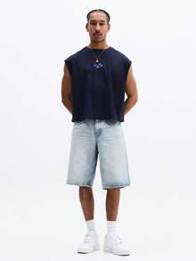 SUMWON 宽松印花无袖背心，胸前印有数字图案，休闲夏季衣橱必备，舒适百搭 - 寶藍色 - 查看 3