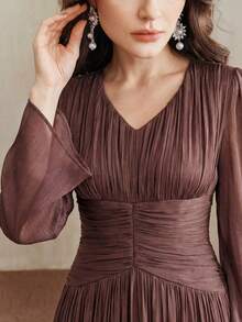 Anewsta New Elegant Fashion V-Neck Flare Sleeve Waist Ruched Dress, Suitable For Outings, Parties, Dates, Spring/Summer - Brown - View 6