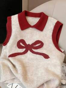 Franclia 2024 Autumn/Winter New Loose Fit Bowknot Colorblock Sleeveless Polo Neck Sweater Vest, Soft & Cozy Knitted Top - Multicolor - View 4